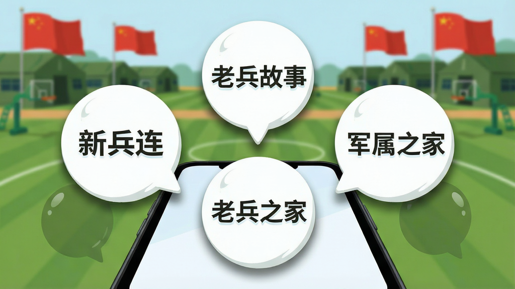 画面主体为多个圆形话题气泡悬浮在手机屏幕上方,气泡内分别写着“新兵连”“老兵故事”“军属之家”,背景是绿色军营操场,布局采用放射状排列,风格为扁平化UI设计风,细节包括气泡的高光与阴影、远处飘扬的红旗,画质清晰,干净,无多余元素