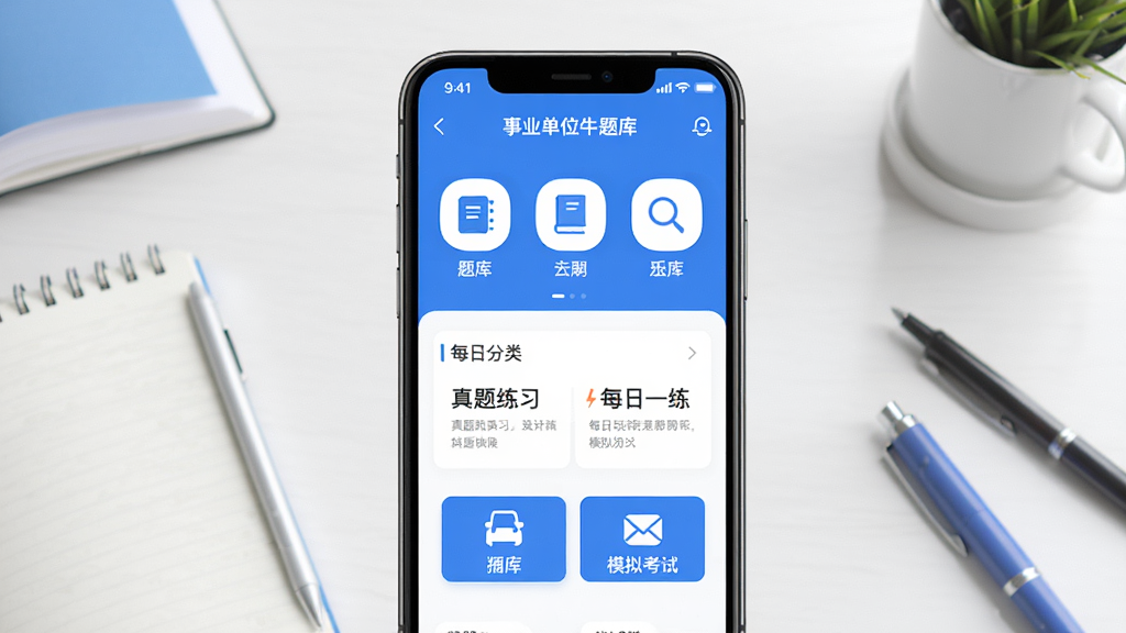 事业单位牛题库手机APP主界面展示,蓝色和白色为主色调,界面中央有题库分类图标和每日一练模块,手机屏幕内显示真题练习和模拟考试入口,背景为干净的书桌和文具,扁平化UI设计风格,高清画质,干净无多余元素