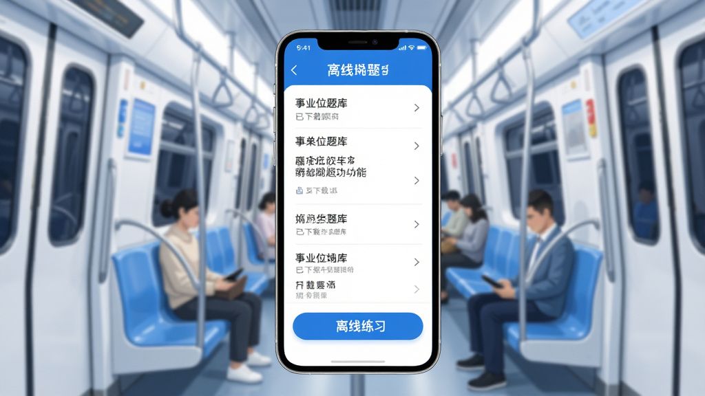 事业单位牛题库离线刷题功能展示,手机屏幕显示已下载的题库列表和离线练习按钮,背景为地铁车厢场景,扁平化设计风格,蓝色和白色为主色调,画质高清,干净无多余元素