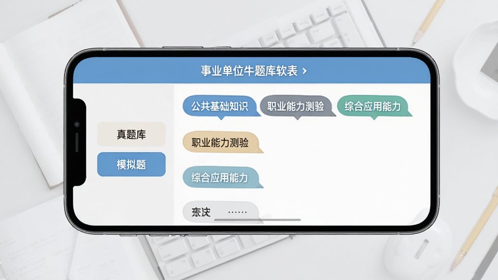 事业单位牛题库软件内页展示,手机横屏显示题库分类列表,包括公共基础知识、职业能力测验、综合应用能力等标签,界面左侧有真题库和模拟题按钮,背景为浅灰色学习环境,扁平化设计风格,文字清晰,画质干净,无多余装饰元素