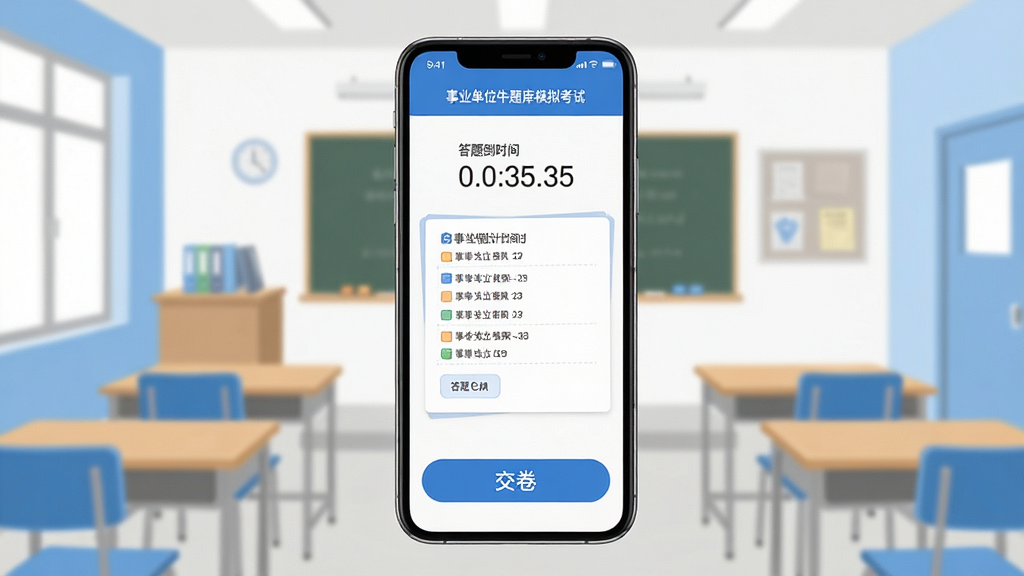 事业单位牛题库模拟考试界面展示,手机屏幕显示考试倒计时和答题卡,界面底部有交卷按钮,背景为简洁的教室场景,扁平化设计风格,蓝色和白色为主色调,画质高清,干净无多余元素