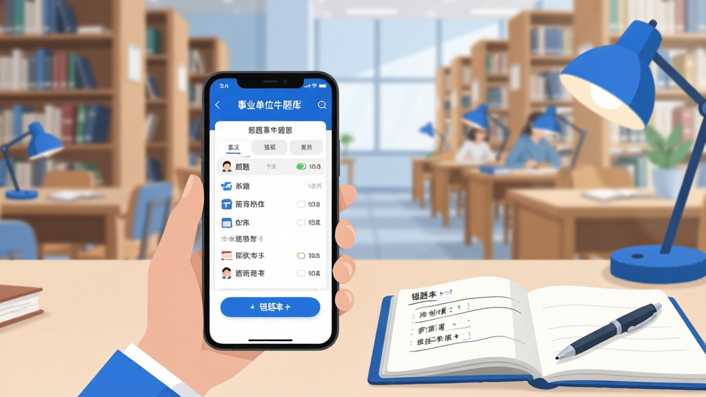 事业单位牛题库移动端使用场景展示,手机屏幕显示刷题界面和错题本,旁边有笔记本和笔,背景为图书馆自习室,扁平化设计风格,蓝色和白色为主色调,画质高清,干净无多余元素