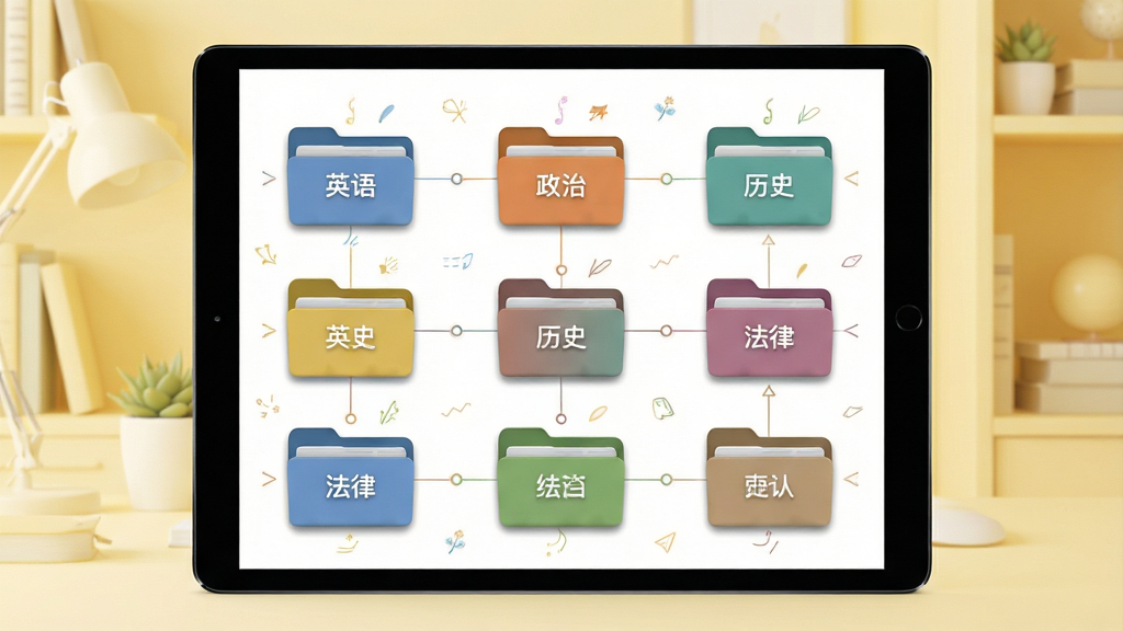 一张展示艾宾浩斯记忆法软件多科目管理界面的图片,画面中是一个平板电脑屏幕,屏幕上整齐排列着多个彩色文件夹图标,分别标注着英语、政治、历史、法律等标签,文件夹周围有细微的装饰线条连接,背景是温馨的浅黄色书房环境,布局采用网格状排版,风格为清新简约风,细节上文件夹带有轻微的立体阴影,画质清晰,画面干净,无多余元素。