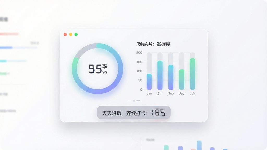 一张展示艾宾浩斯记忆法软件数据统计面板的图片,画面中央是一个悬浮的仪表盘,仪表盘上显示着环形进度条和柱状图,分别代表完成率和记忆库掌握度,仪表盘下方有连续打卡的天数显示,背景是干净的白色渐变,布局采用中心聚焦排版,风格为现代数据可视化风格,细节上图表颜色柔和,带有轻微的发光效果,画质高清,画面干净,无多余元素。