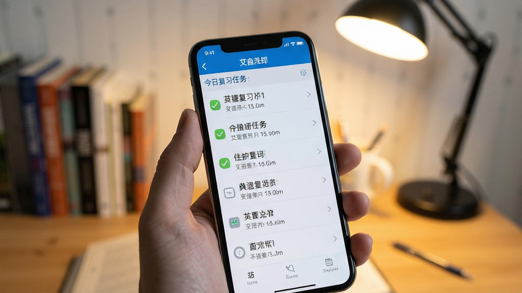 一张展示艾宾浩斯记忆法软件在手机上运行的实际效果图,画面中一只手拿着手机,手机屏幕上显示着今日复习任务列表,背景是虚化的书桌和台灯,布局采用特写构图,风格为写实生活风,细节上手机屏幕清晰,任务列表条目分明,画质高清,画面干净,无多余元素。