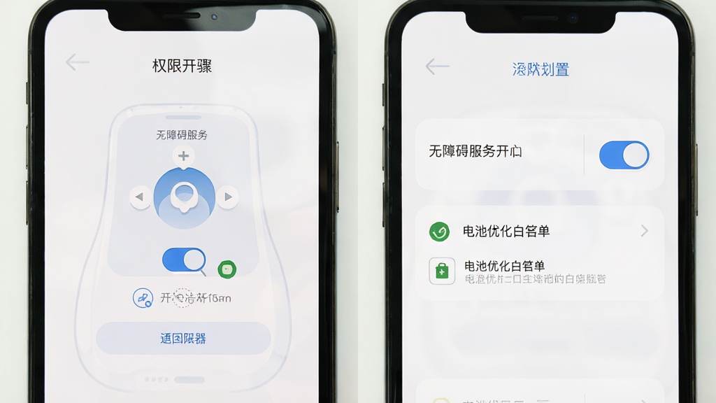 极简连点器新手设置引导页面,画面展示手机屏幕上显示权限开启步骤图示,有无障碍服务开关和电池优化白名单选项,风格清新简洁,细节清晰,画质高清,干净无多余元素