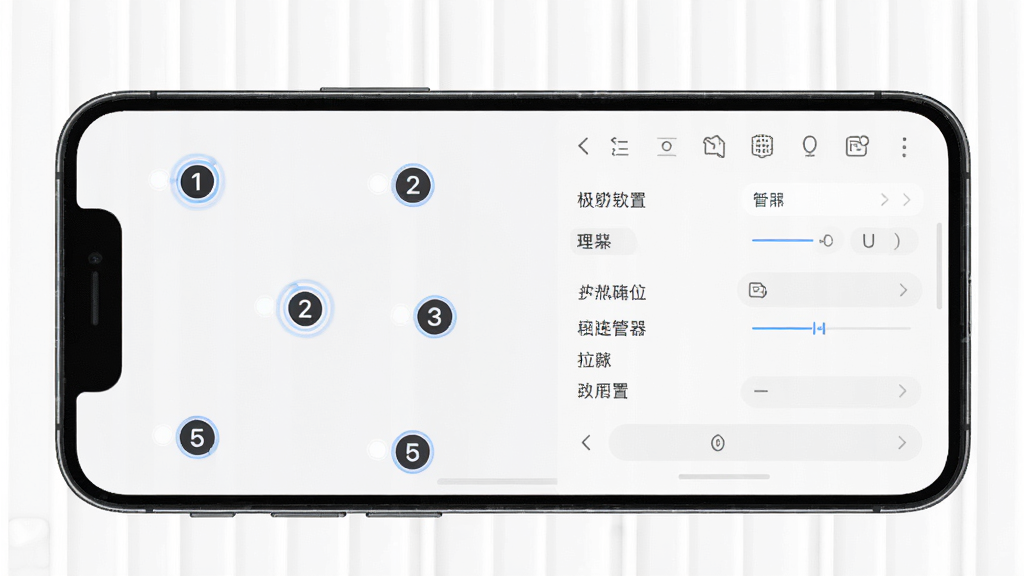 极简连点器多点位设置界面,画面展示手机屏幕上分布着多个带编号的点击标记点,旁边有参数设置面板,风格简洁直观,细节清晰,画质高清,干净无多余元素