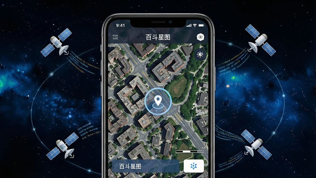 一张展示“百斗星图”应用界面的数字合成图,画面主体是手机屏幕,屏幕内显示放大的城市卫星地图,可以看到清晰的建筑物顶部、街道走向与绿化带,地图上叠加了半透明的定位光标与比例尺,手机周围漂浮着几颗小型卫星图标与数据流线条,背景为深色星空,风格科技写实,排版居中,细节包括地图的纹理层次与界面按钮,画质高清,干净整洁,无多余元素