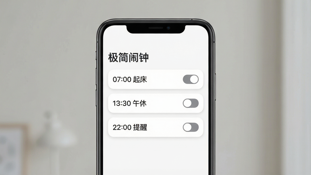 极简闹钟软件主界面全貌展示,画面中央放置一部智能手机,屏幕显示极简闹钟应用的闹钟列表页面,界面采用纯白背景与深灰字体,顶部有“极简闹钟”四个字,下方排列三个闹钟条目,分别标注“07:00 起床”“13:30 午休”“22:00 提醒”,每个条目右侧有开关按钮,整体布局简洁清爽,风格为扁平化UI设计,细节上按钮圆润、字体清晰、留白充足,画质高清,画面干净,无多余元素
