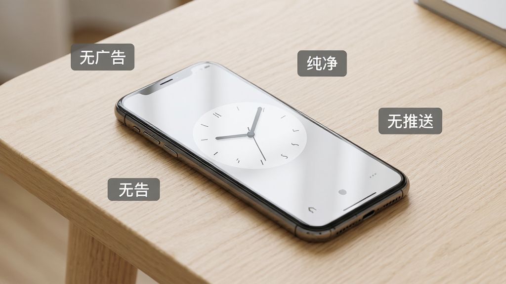 极简闹钟零广告纯净体验场景图,画面中央一部手机平放在木桌上,屏幕亮起显示极简闹钟界面,界面干净无任何广告横幅,手机周围有“无广告”“纯净”“无推送”三个灰色小标签漂浮,背景为浅色木纹桌面,风格为写实产品摄影,细节上手机边框清晰、屏幕反光自然、标签字体工整,画质高清,画面干净,无多余元素
