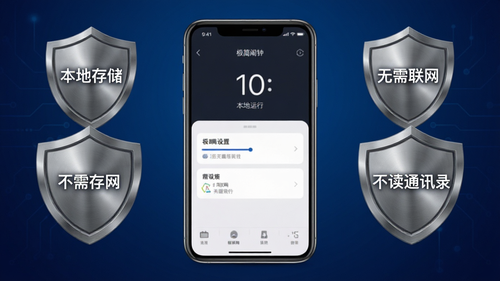 极简闹钟本地运行安全示意图,画面中央一部手机屏幕显示极简闹钟设置页面,手机周围环绕“本地存储”“无需联网”“不读通讯录”三个盾牌图标,背景为深蓝色渐变,风格为科技安全风,细节上盾牌有金属质感、文字白色清晰、手机屏幕内容可见,画质高清,画面干净,无多余元素
