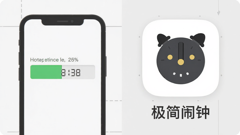 极简闹钟超小安装体积示意图,画面左侧显示一个手机存储空间进度条,右侧显示极简闹钟图标与安装包体积对比,图标下方标注“极简闹钟”文字,整体布局左图右文,风格为扁平化信息图,细节上进度条有绿色剩余空间、图标圆角、数字清晰,画质高清,画面干净,无多余元素