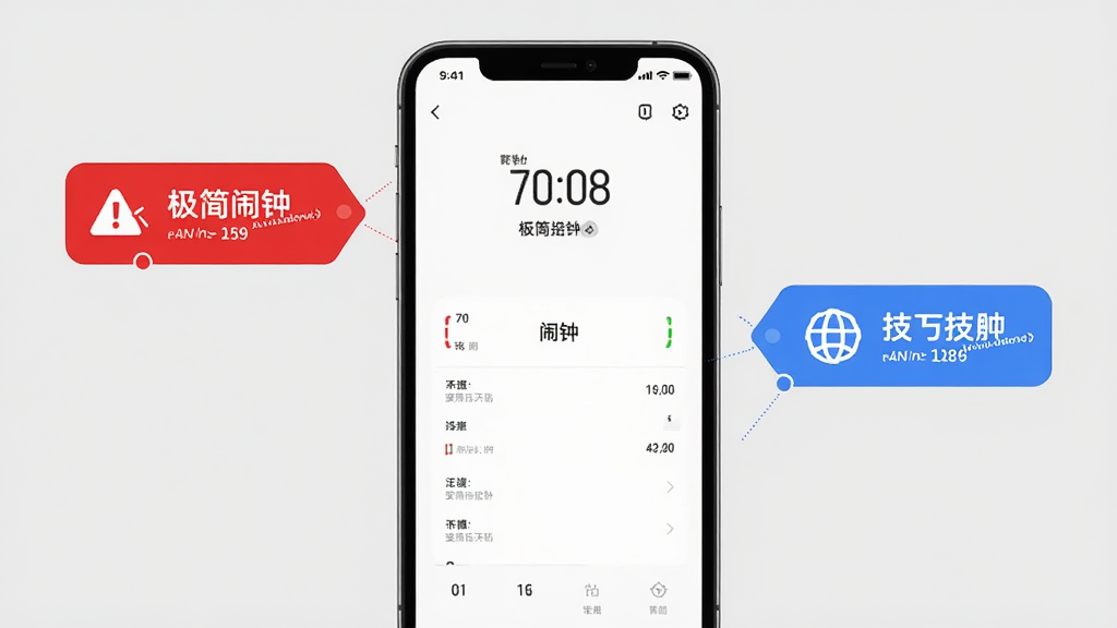 极简闹钟使用指南示意图,画面中央一部手机显示极简闹钟设置页面,旁边有红色警示标签和蓝色技巧标签,背景为浅灰色,风格为信息图,细节上标签有图标、文字清晰、手机屏幕内容可见,画质高清,画面干净,无多余元素