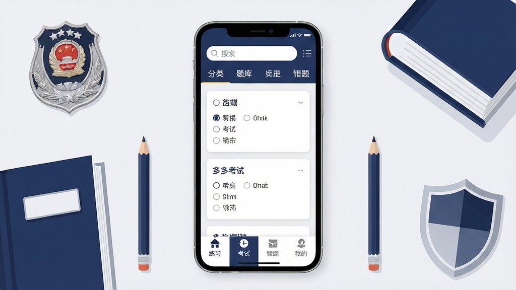 公安基础知识刷题库应用主界面全貌展示,画面中央是一部竖屏智能手机,手机屏幕上显示清晰的题库练习界面,顶部有搜索框和分类标签,中间排列着单选题和多选题卡片,底部有练习、考试、错题、我的四个导航按钮。手机周围环绕着警察徽章、书籍、铅笔、盾牌等考试学习元素。整体布局居中对称,风格简洁扁平化,色彩以藏蓝、白色、浅灰为主,细节精致清晰,画质高清干净,无多余杂乱元素。