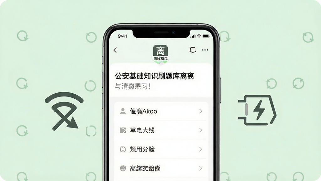 公安基础知识刷题库离线刷题与清爽界面展示图,画面中央是一部手机,屏幕显示题库练习界面,界面干净整洁,只有题目和选项,顶部有离线模式标识图标。手机周围有无线网络断开符号和流量节省图标,背景是柔和的浅绿色调。布局采用中心构图,风格极简清新,细节上图标线条流畅,画质高清干净,无多余装饰元素。