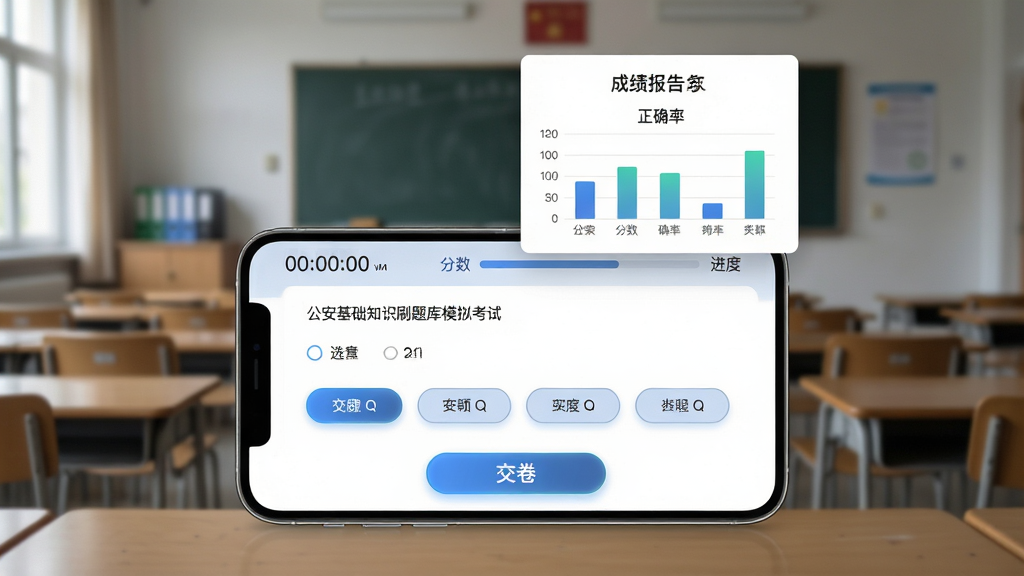 公安基础知识刷题库模拟考试功能展示图,画面中央是一部横屏手机,屏幕上显示模拟考试界面,顶部有倒计时器和进度条,中间是单选题题干和四个选项按钮,底部有交卷按钮。手机上方悬浮着成绩报告单元素,显示分数和正确率条形图。背景是安静的考场氛围,布局采用居中构图,风格简约商务,细节上按钮带有微光效果,画质高清干净,无多余杂乱元素。