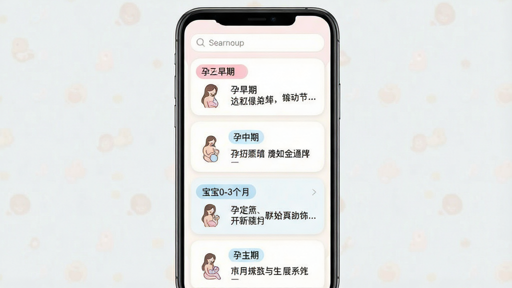 һ�� Mamaup Ӧ���ڳɳ��ǿ�ҳ����ֻ���ͼ���ͼƬ����������Ϊ�����ֻ����棬������ʾ�������·��Ƿ���ʽ֪ʶ��Ƭ�б�����Ƭ�ϱ�ע�������ڡ������ڡ�����0-3���µȱ�ǩ��ÿ�ſ�Ƭ����Сͼ��ͼ������ժҪ������Ϊ��������б������ΪǳɫϵĸӤӦ�ý��棬ϸ�ڰ���Բ�ǿ�Ƭ������ɫ�͵���ɫ��׺�������������ɾ����޶���Ԫ��