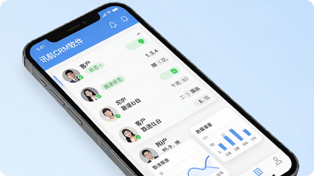一张展示讯航CRM软件核心功能的手机应用界面截图,主体为一部竖屏智能手机,屏幕内呈现客户列表与数据看板布局,背景为淡蓝色渐变,风格简洁商务,细节包含头像图标、跟进状态标签、图表卡片,画质清晰干净无多余元素