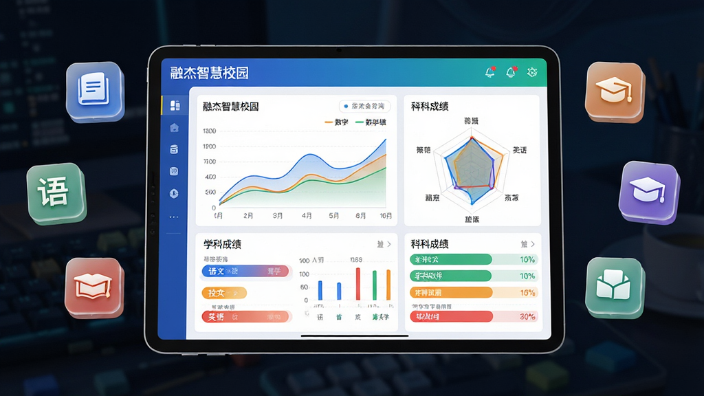 一张展示融杰智慧校园学业成绩与成长档案功能的AI生图,画面主体为一部平板电脑,屏幕上显示着融杰智慧校园APP的成绩查询界面,包含折线图、雷达图以及各科成绩列表。布局上平板电脑位于画面中央,周围漂浮着代表语文、数学、英语等学科的图标。排版清晰,风格为现代教育科技风,细节上图表色彩丰富,数据清晰可见,画质高清,干净无多余元素。
