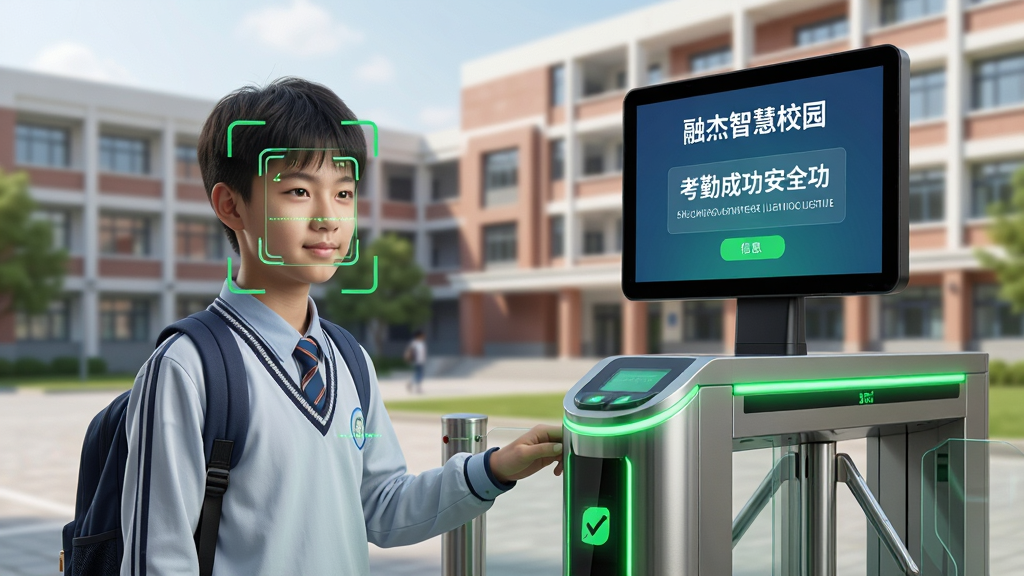一张展示融杰智慧校园智慧考勤与安全功能的AI生图,画面主体为一名学生站在校园闸机前进行人脸识别打卡,闸机上方屏幕显示“融杰智慧校园”标识与考勤成功信息。布局上学生位于画面左侧,闸机位于右侧,背景为校园教学楼。排版突出考勤场景,风格为写实科技风,细节上学生面部有识别框,闸机灯光呈现绿色通行状态,画质高清,干净清晰,无多余元素。