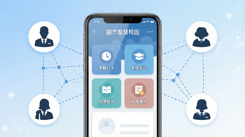 一张展示融杰智慧校园软件核心全貌的图片,画面主体为一部智能手机,手机屏幕上显示着融杰智慧校园APP的主界面,界面中包含考勤打卡、家校互动、成绩查询、校园通知等图标模块。布局上手机位于画面中央,周围环绕着代表教师、家长、学生的人物剪影图标,通过虚线连接手机形成互联网络。排版清晰,风格采用现代扁平化科技风,细节上手机屏幕有轻微反光,背景为柔和的蓝白渐变色调,画质高清,干净整洁,无多余元素。