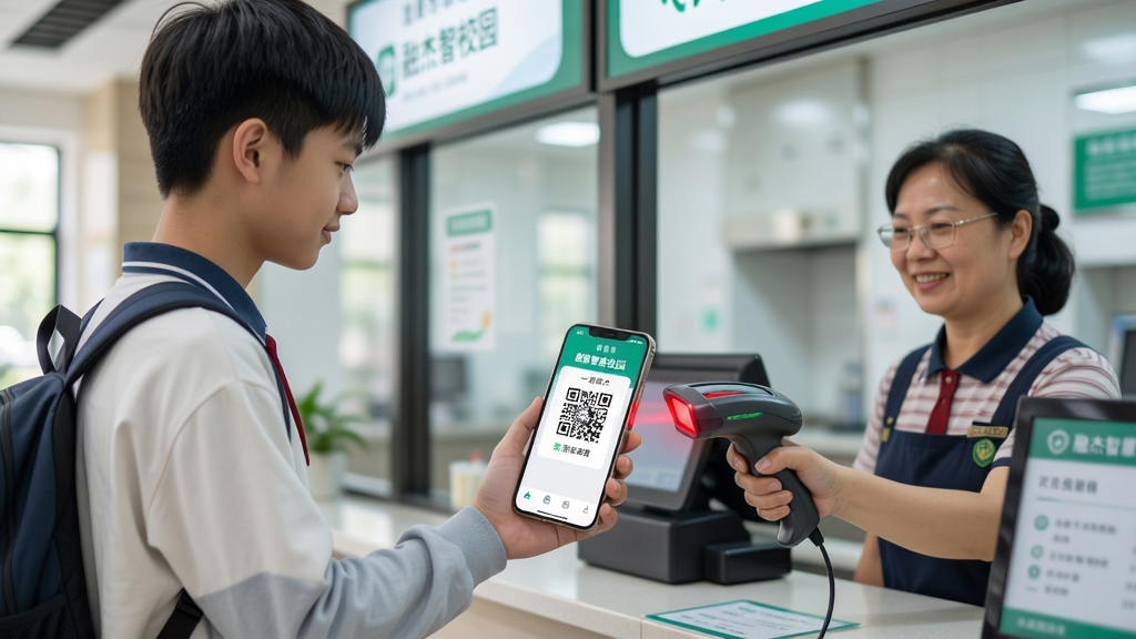 一张展示融杰智慧校园校园消费与一卡通功能的AI生图,画面主体为一名学生在学校食堂窗口使用手机展示融杰智慧校园APP的支付二维码进行消费,食堂阿姨手持扫码枪。布局上学生位于画面左侧,食堂窗口位于右侧。排版突出消费场景,风格为写实生活风,细节上手机屏幕显示“融杰智慧校园”支付码,扫码枪发出红光,画质高清,干净清晰,无多余元素。
