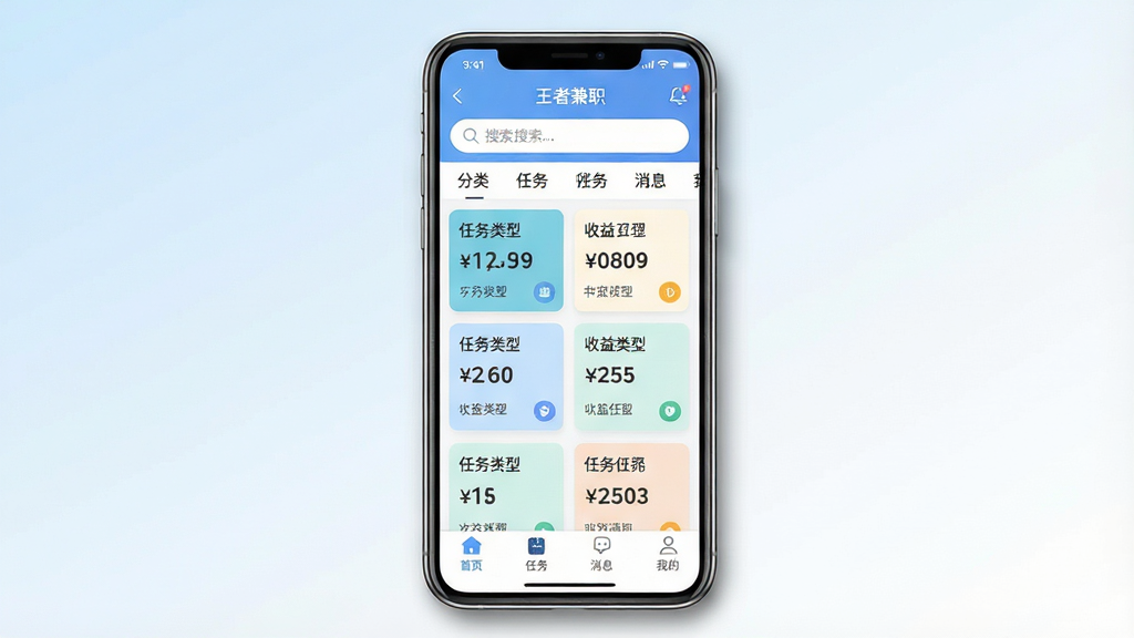一幅手机应用界面展示图,画面中央是一部竖屏智能手机,手机屏幕上显示“王者兼职”APP的主页界面,界面顶部有搜索栏和分类标签,中部排列着多个任务卡片,每个卡片标注任务类型和收益金额,底部有导航栏包含首页、任务、消息、我的等图标。背景为浅蓝到白色的渐变,整体风格简洁明快,细节上手机边框带有轻微阴影,屏幕内容清晰可见,画质干净,无多余元素。
