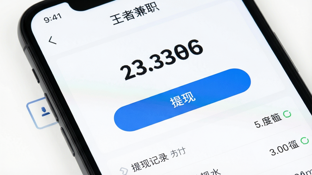 一张手机界面特写图,屏幕上显示“王者兼职”的提现页面,页面中央有余额数字和提现按钮,下方有提现记录列表,背景为白色,风格简约商务,细节上数字字体加粗显示,按钮为蓝色圆角矩形,画质干净,无多余元素。
