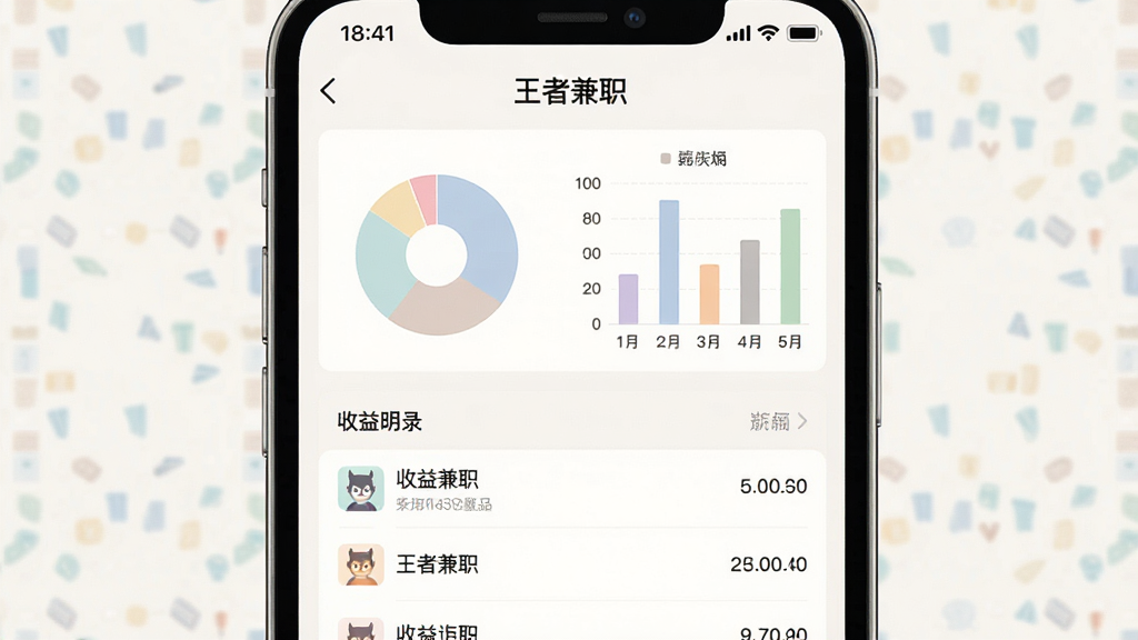 一张手机屏幕截图风格的画面,显示“王者兼职”的收益明细页面,页面上方有饼状图和柱状图的收益统计图表,下方是逐条列出的收益记录,背景为浅色,风格清爽素雅,细节上图表颜色柔和,文字清晰可读,画质干净,无多余元素。