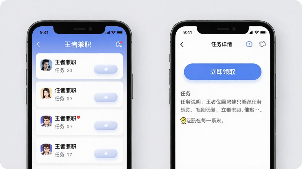 一组手机屏幕并排展示的画面,左侧手机显示“王者兼职”的任务列表页,右侧手机显示任务详情页,页面中有“立即领取”按钮和任务说明文字,背景为柔和的浅灰色,整体布局整齐有序,风格偏向扁平化设计,细节上按钮带有微微凸起效果,画质清晰,无多余元素。