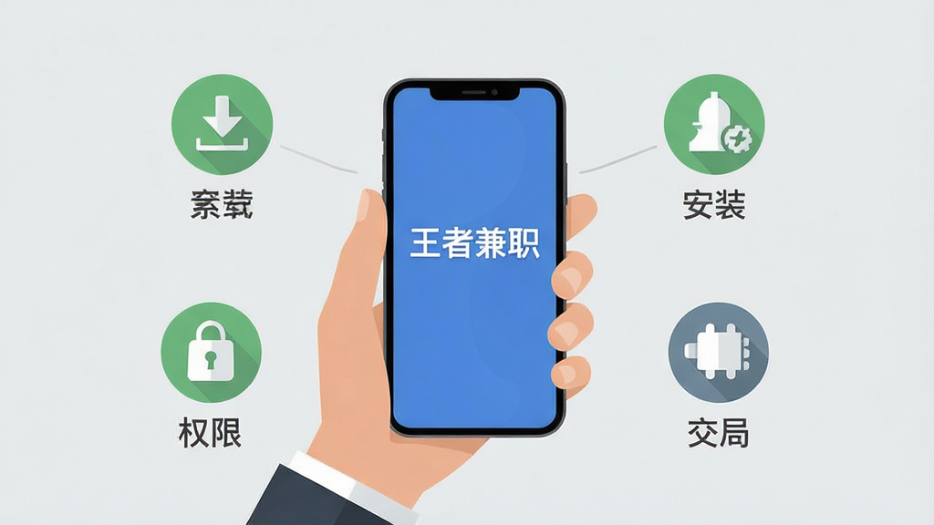一张信息图表风格的画面,画面中央是一只手拿着手机,手机屏幕上显示“王者兼职”的界面,周围环绕着多个图标分别代表下载、安装、权限、存储、运行等环节,每个图标旁边有简短的文字标注,背景为浅灰色,风格简约商务,细节上图标为扁平化设计,画质干净,无多余元素。