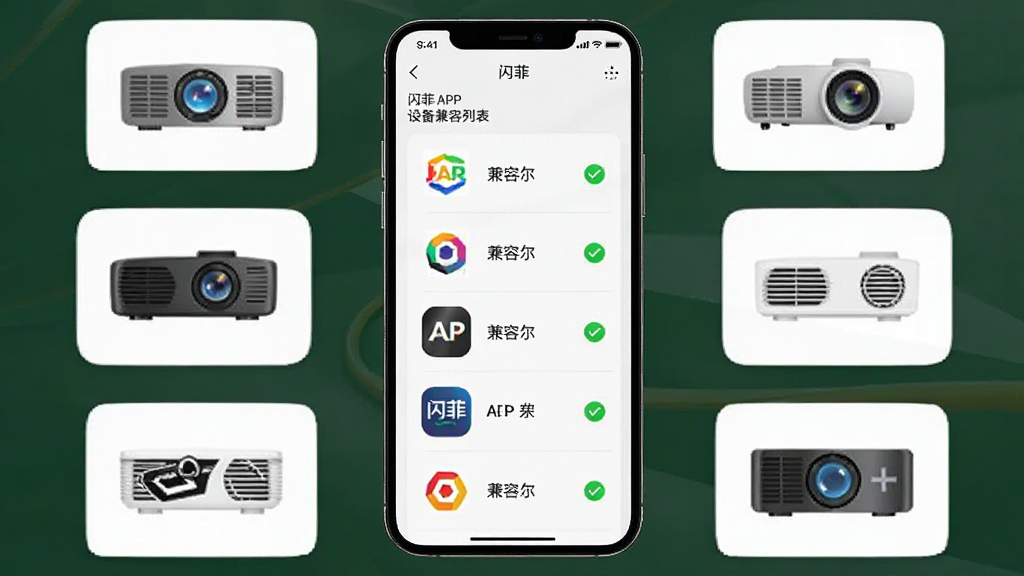 一部手机屏幕显示“闪菲”APP的设备兼容列表界面,界面中列出了多个投影仪品牌图标,布局为手机居中,周围环绕着不同品牌的投影仪简图,风格为信息图表风,细节包括品牌Logo和兼容性对勾,画质清晰,画面干净,无多余元素