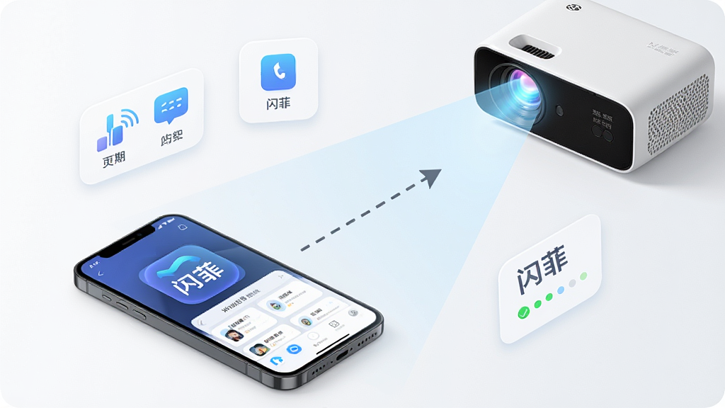 一张展示智能手机与投影仪无线连接的场景图,画面中央是手机屏幕显示着“闪菲”应用界面,周围环绕着投影光线和简洁的UI元素,布局为手机位于左下角,投影仪位于右上角,中间用虚线箭头连接,整体风格为现代科技感,细节包括清晰的图标和连接状态提示,画质为高清,画面干净,无多余元素