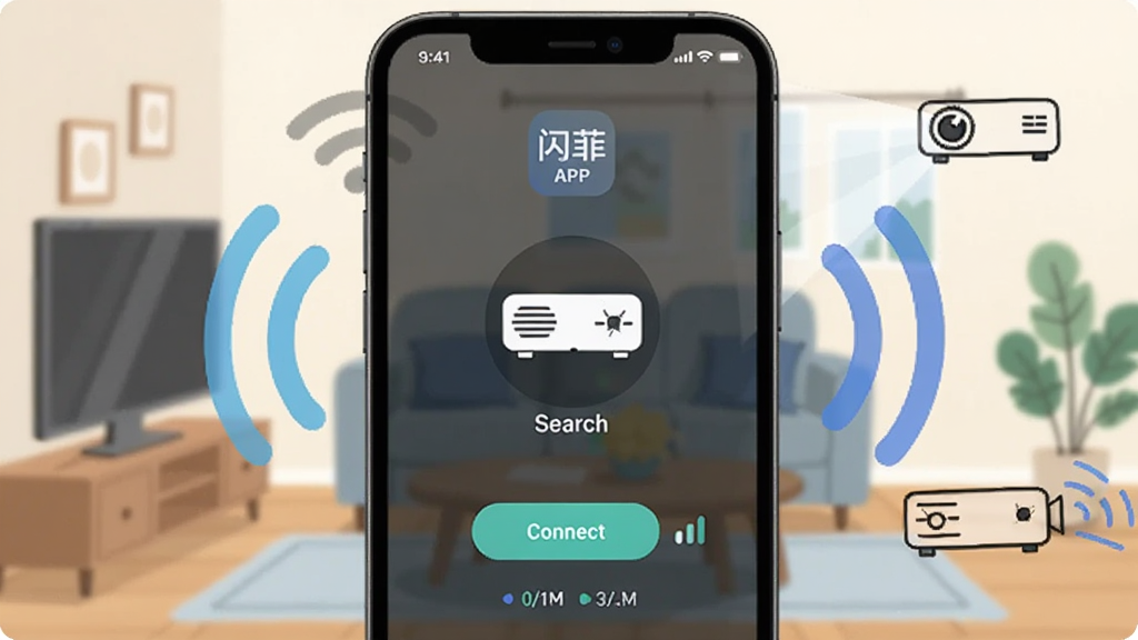 一部手机屏幕显示“闪菲”APP的无线投屏界面,界面中有一个搜索到的投影仪图标,背景是家庭客厅环境,布局为手机居中,周围有WiFi信号波纹和投影仪简笔画,风格为扁平化插画,细节包括连接按钮和信号强度指示,画质清晰,画面干净,无多余元素