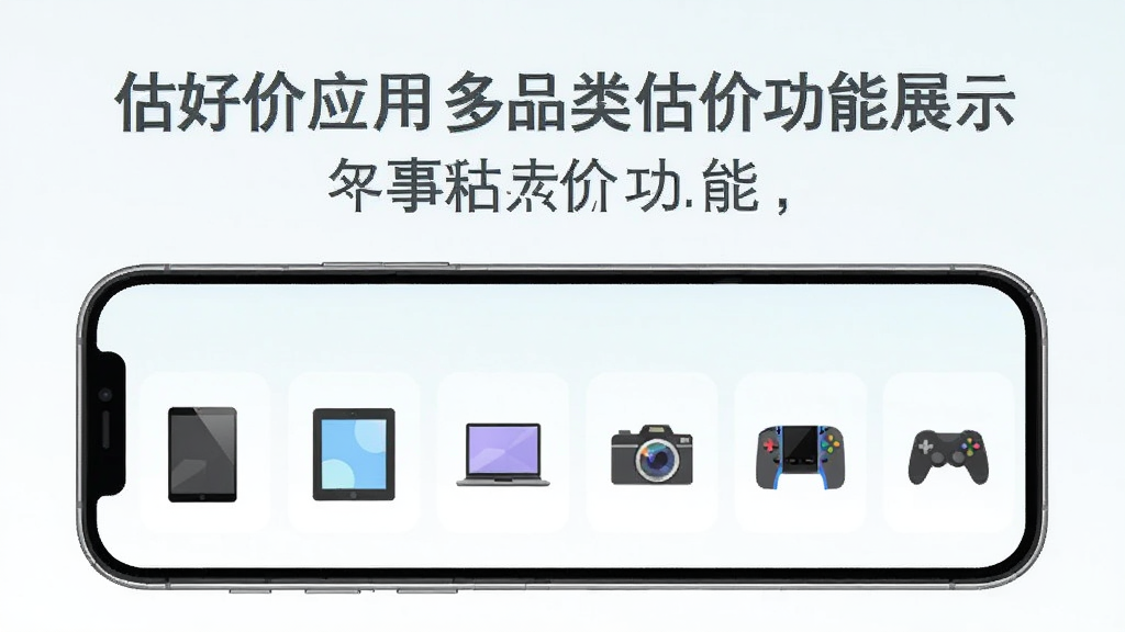 估好价应用多品类估价功能展示图,主体为手机屏幕显示多个品类图标横向排列,布局为上下结构上方为标题下方为品类选择区,排版整齐清晰,风格为清新浅色扁平化,细节包括手机、平板、笔记本、相机、游戏机等图标,画质清晰干净无多余元素
