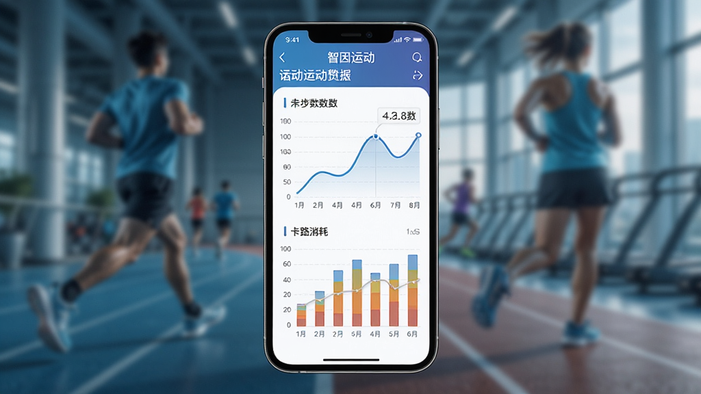 一张展示智因运动App运动数据记录功能的手机界面图,画面中手机屏幕显示详细的运动数据图表,包括步数曲线、卡路里消耗柱状图,背景是虚化的运动场景,风格科技感十足,细节丰富,画质高清,干净无多余元素