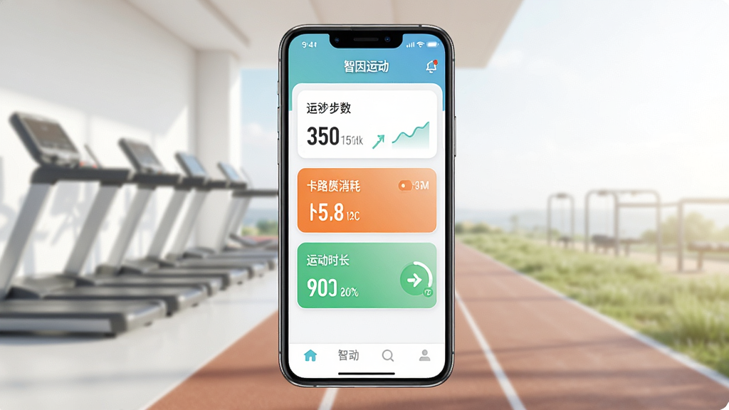 一张展示智因运动软件界面的手机样机图,画面中央是一部现代智能手机,屏幕显示智因运动App的主页,包含运动步数、卡路里消耗、运动时长等数据卡片,背景是简约的健身房或户外跑道场景,风格清新明亮,细节清晰,画质高清,干净无多余元素