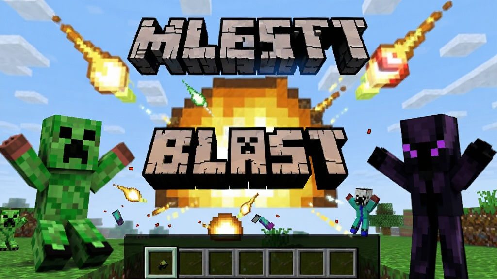 画面中央展示 Minecraft Blast 游戏主界面,像素风格的方块爆破特效充满屏幕,苦力怕和末影人角色在两侧欢呼,明亮鲜艳的配色,清新卡通渲染风格,细节丰富,高清画质,构图均衡,无多余元素