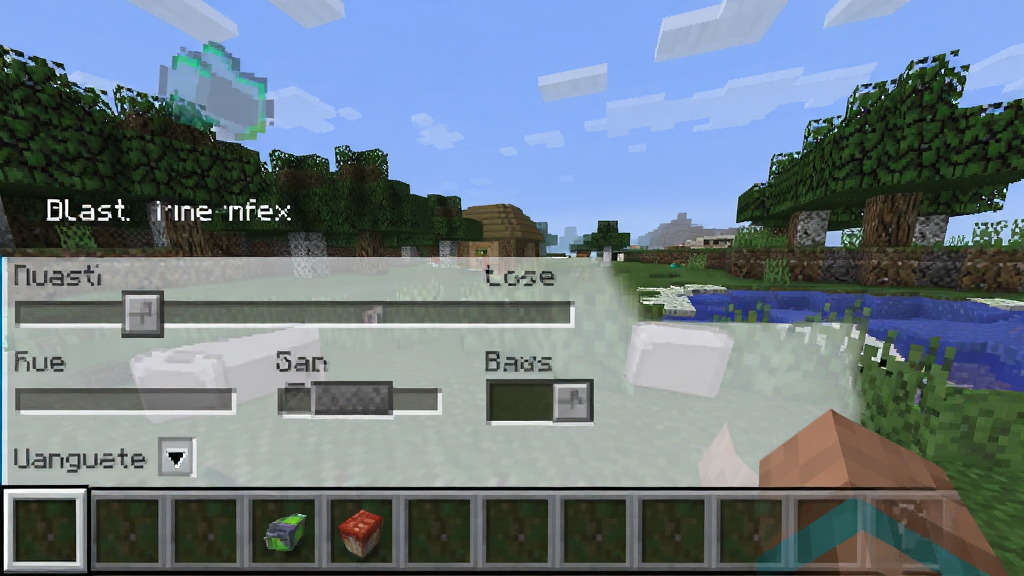 Minecraft Blast 游戏设置界面截图,展示画质调节滑块、音效开关、语言选择选项,像素风格UI,简洁清晰,高清画质,无多余元素