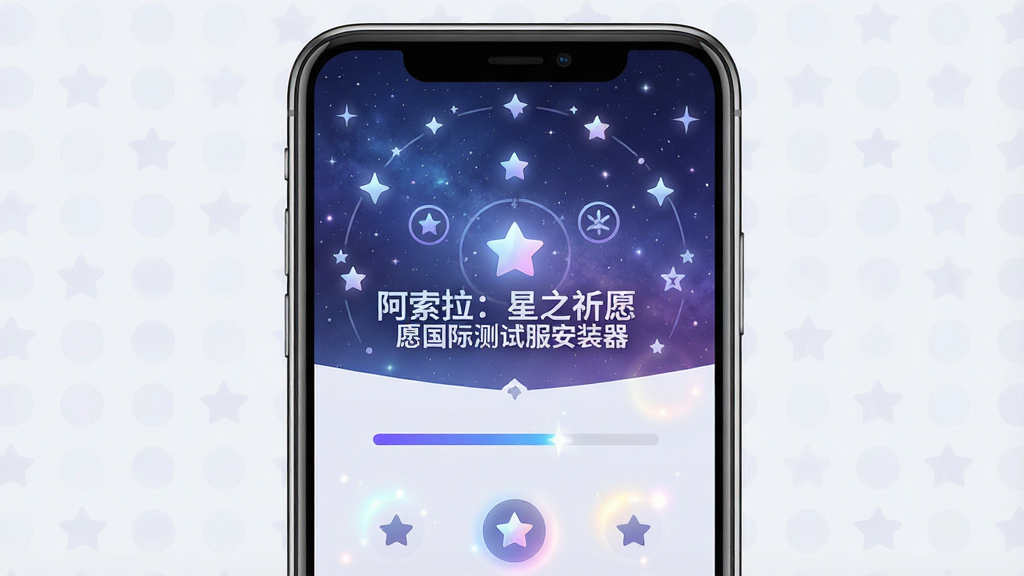 一张展示手机屏幕的图片,屏幕上显示“阿索拉:星之祈愿国际测试服安装器”的安装界面,界面采用星空蓝紫色调,有星星和祈愿符号装饰。主体为手机居中,布局简洁,排版清晰。风格为现代科技感与奇幻风格结合,细节包括安装进度条、星形图标和柔和的光晕效果。画质高清,画面干净,无多余元素。