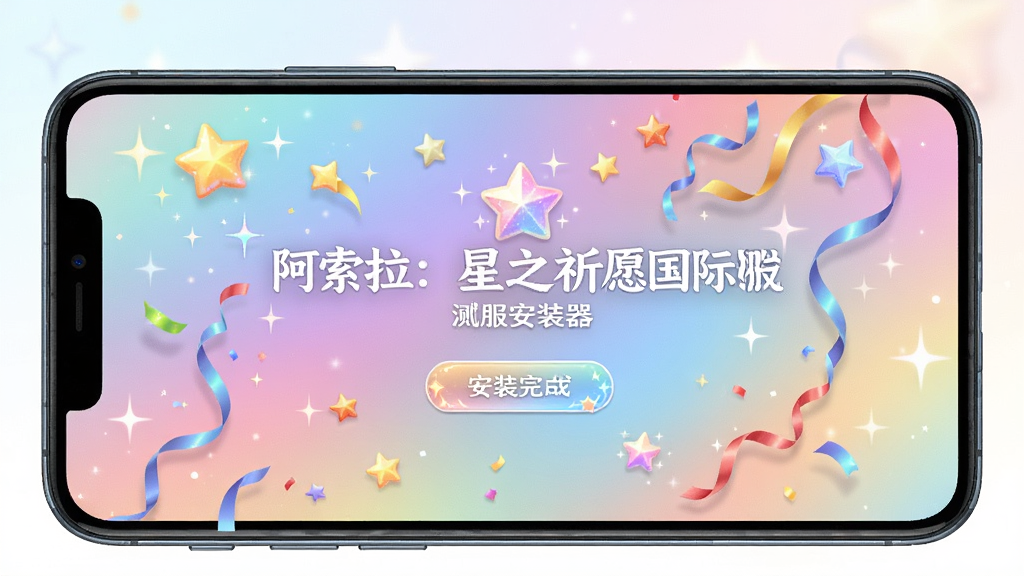 一张展示手机屏幕的图片,屏幕上显示“阿索拉:星之祈愿国际测试服安装器”的安装完成界面,画面中有庆祝的星星和彩带效果。主体为手机屏幕,布局居中,排版简洁。风格为欢快明亮的奇幻风格,细节有闪烁的星星、柔和的色彩渐变。画质高清,画面干净,无多余元素。