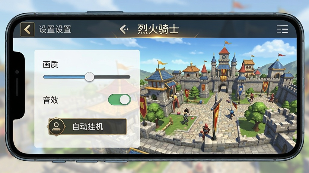 手机屏幕显示“烈火骑士”游戏设置界面,画面中有画质调节滑块、音效开关、自动挂机选项,背景为游戏主城场景,风格简洁清晰,布局合理,画质干净,无多余元素