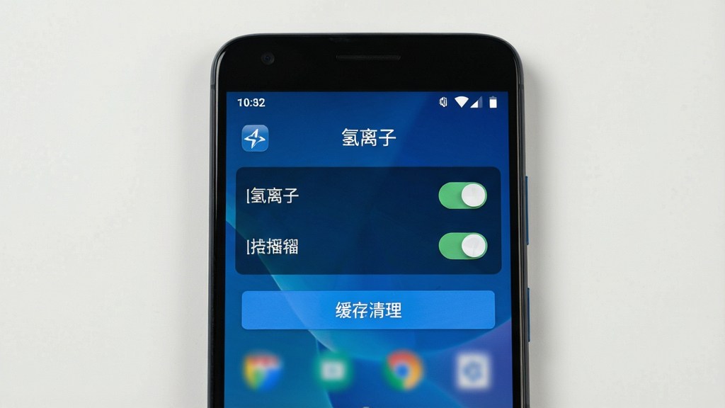 一部安卓手机屏幕显示“氢离子”应用设置界面,界面中有权限开关与缓存清理按钮,背景为干净桌面,风格写实清晰,细节丰富,画质高清,干净无多余元素