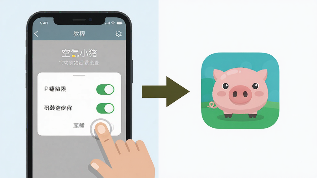 空气小猪 使用教程示意图,主体是一部手机屏幕显示安装权限设置页面,旁边有箭头指向下一步操作。布局为左右分镜式,左侧为设置界面,右侧为成功安装后的应用图标。风格为教程类扁平插画,细节包括手指点击动作、权限开关状态,画质清晰干净,无多余元素。