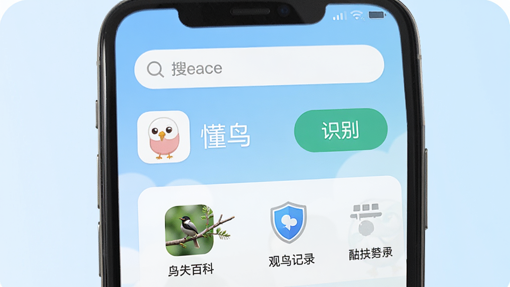 手机屏幕显示“懂鸟”应用主界面,上方有搜索框和识别按钮,下方有鸟类百科、观鸟记录等功能入口,布局为手机正面特写、背景为淡蓝色渐变,风格为清爽扁平化,细节包括图标与文字“懂鸟”,画质高清,干净,无多余元素