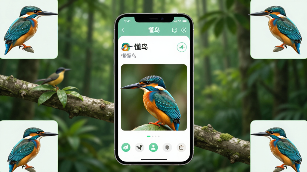 一只色彩鲜艳的翠鸟停在树枝上,背景是虚化的绿色森林,画面中央展示手机屏幕中“懂鸟”应用的识别界面,界面中显示鸟类名称与图片,布局为手机居中、周围环绕多种鸟类插图,风格为清新写实科技风,细节包括羽毛纹理、界面图标与文字“懂鸟”,画质高清,干净,无多余元素