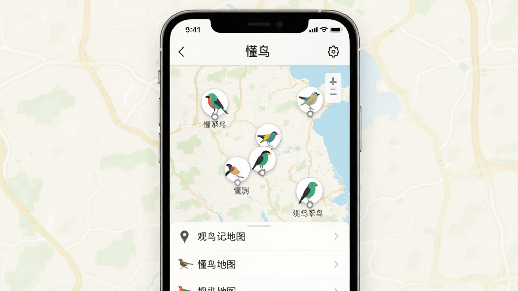 手机屏幕显示“懂鸟”观鸟记录地图界面,地图上有多个标记点,每个标记点旁有鸟类小图标,布局为手机居中、背景为淡色地图纹理,风格为简洁数据可视化,细节包括地图标记和列表条目,画质高清,干净,无多余元素