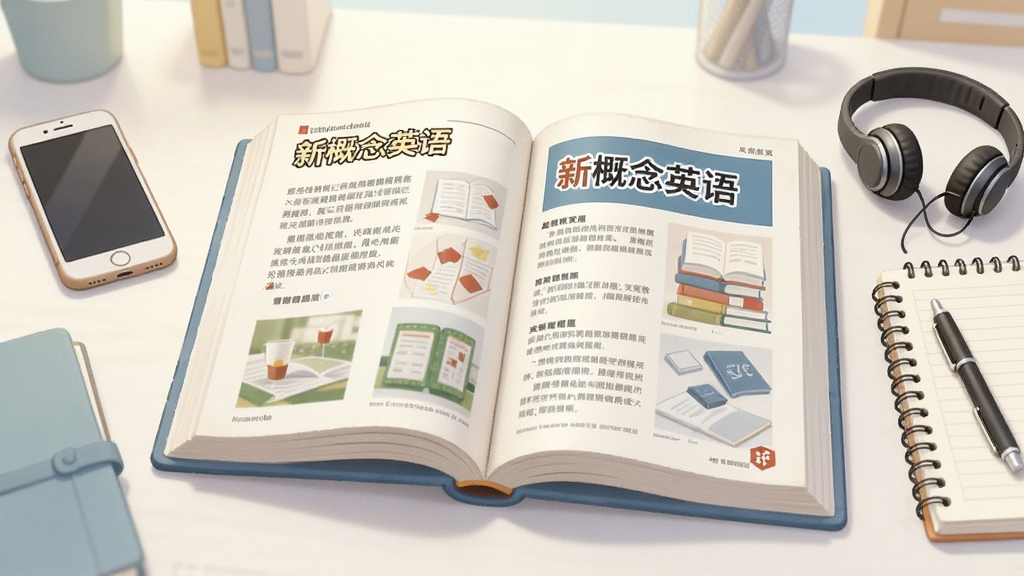 画面中央放置一本翻开的英语教材,书页上印有