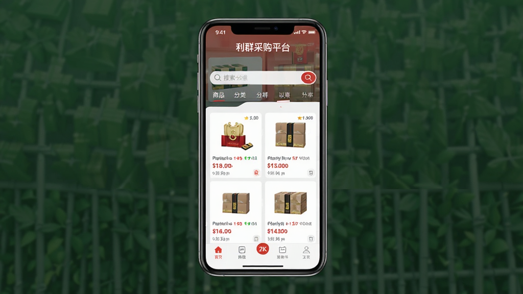 ��Ⱥ�ɹ�ƽ̨APP��ҳչʾͼ������Ϊһ�������ֻ���Ļ��ʾ��Ⱥ�ɹ�ƽ̨Ӧ�ý��棬����Ϊ��Ļ����չʾAPP��ҳ��Ʒ���������������Ű���þ��й�ͼ�����Ϊ�ִ���Լ��ҵ�磬ϸ�ڰ�����������Ʒ����ͼ���۸��ǩ���ײ�������ͼ�꣬����Ϊ����2K���ɾ��޶���Ԫ�أ���Ļ�Ϸ��С���Ⱥ�ɹ�ƽ̨�����ֱ�ʶ