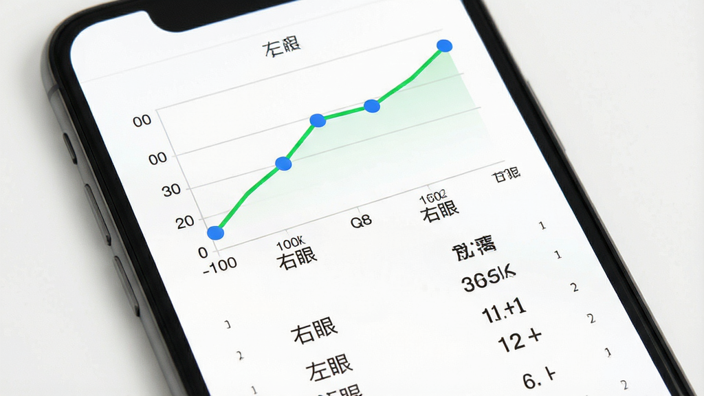 一部手机屏幕展示视力测试结果报告页面,主体为手机屏幕内呈现折线趋势图和视力数值,布局为上下结构,上方为趋势图下方为数据列表,排版清晰,风格为商务数据可视化风,细节包括绿色折线、蓝色数据点、中文标注“左眼”“右眼”,背景为纯白,画质清晰,干净,无多余元素